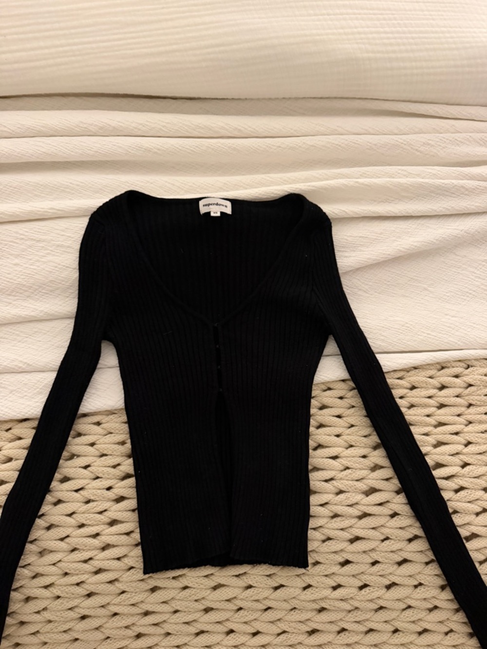 Superdown Black Ribbed Button-Front Slim Cardigan